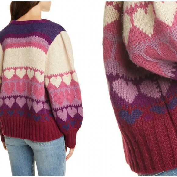 LoveShackFancy Prune/Multicolor Shirelle Heart Balloon-Sleeve Pullover Sweater - Picture 4 of 12